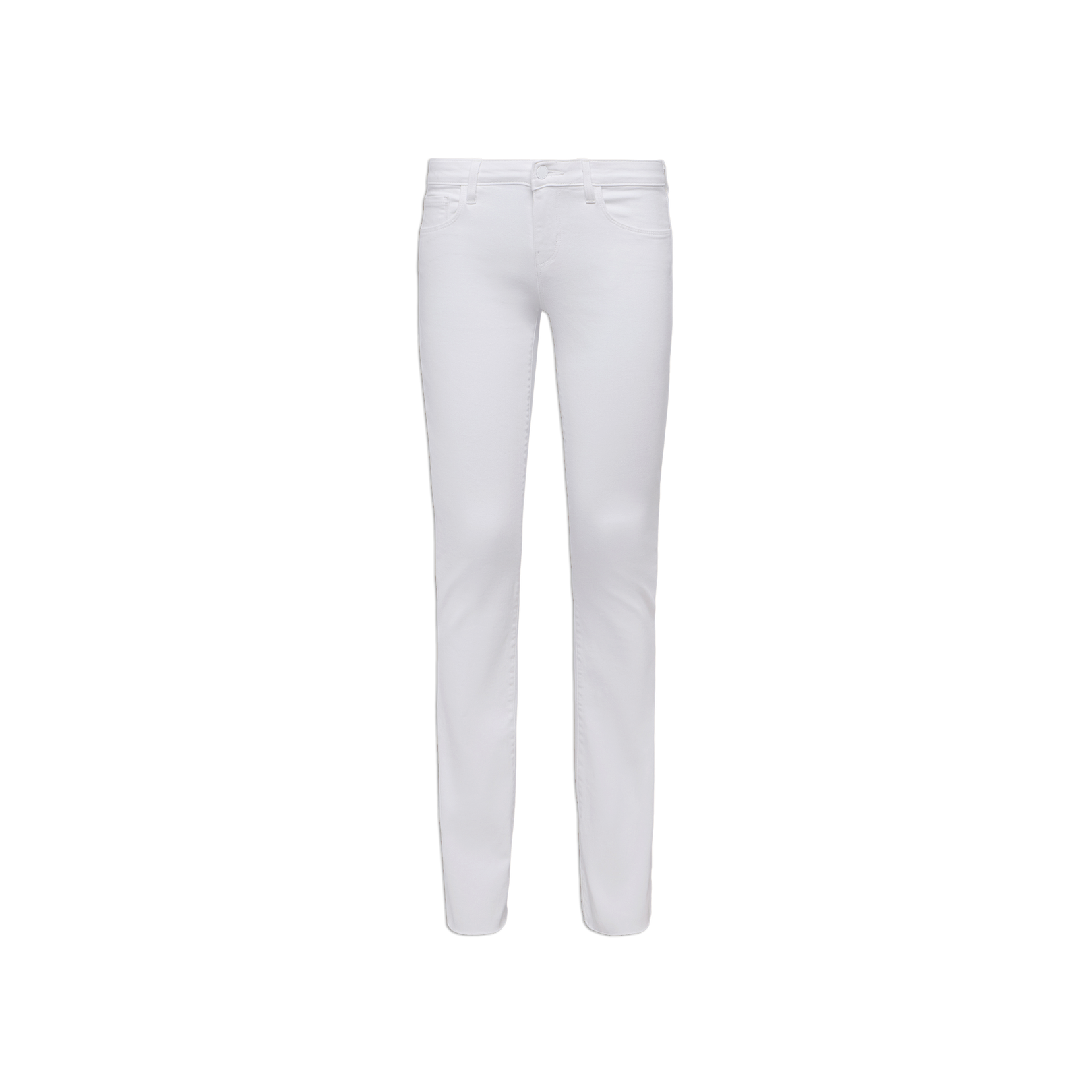 The Sneeki Low-Rise Straight-Leg Jean, crafted from super stretch denim in white and designed with a slim fit and stylish raw hem, is displayed against a plain white background.