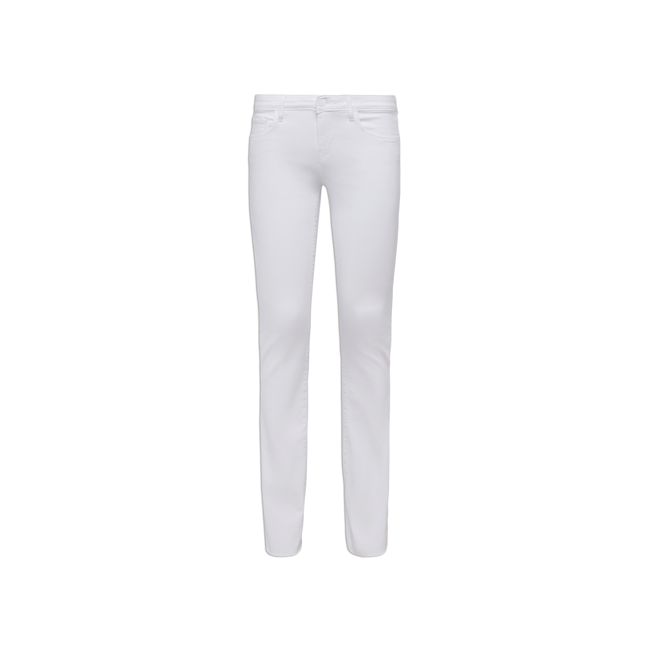 The Sneeki Low-Rise Straight-Leg Jean, crafted from super stretch denim in white and designed with a slim fit and stylish raw hem, is displayed against a plain white background.