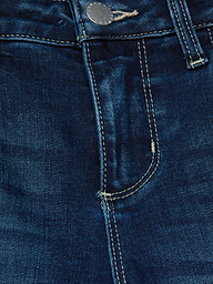 Close-up of the Sneeki Low-Rise Straight-Leg Jean in dark wash blue denim, highlighting the waistband, button, front pocket, belt loop, and yellow stitching.