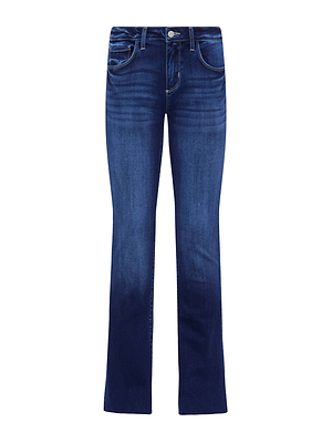 The L'AGENCE Sneeki Low-Rise Straight-Leg Jean features a dark blue wash, button and zip closure, front and back pockets, super stretch denim, and subtle fading on the thighs and knees.