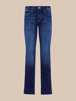 I jeans Sneeki a vita bassa e gamba dritta, realizzati in denim super elasticizzato con lavaggio scuro invecchiato, presentano tasche anteriori e posteriori, chiusura con bottone e cerniera, e sono raffigurati su uno sfondo beige a tinta unita.