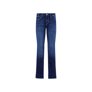 The Sneeki Low-Rise Straight-Leg Jean features classic blue denim crafted from super stretch fabric, designed with five pockets, a button-zip closure, and a subtle flare at the legs. Displayed on a plain white background.