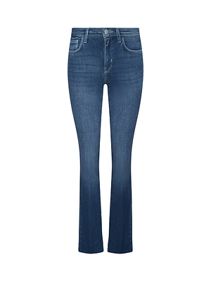 The L'AGENCE Sneeki Low-Rise Straight-Leg Jean features a vintage medium wash, slim fit, front zipper and button closure, and classic five-pocket design, shown against a white background.