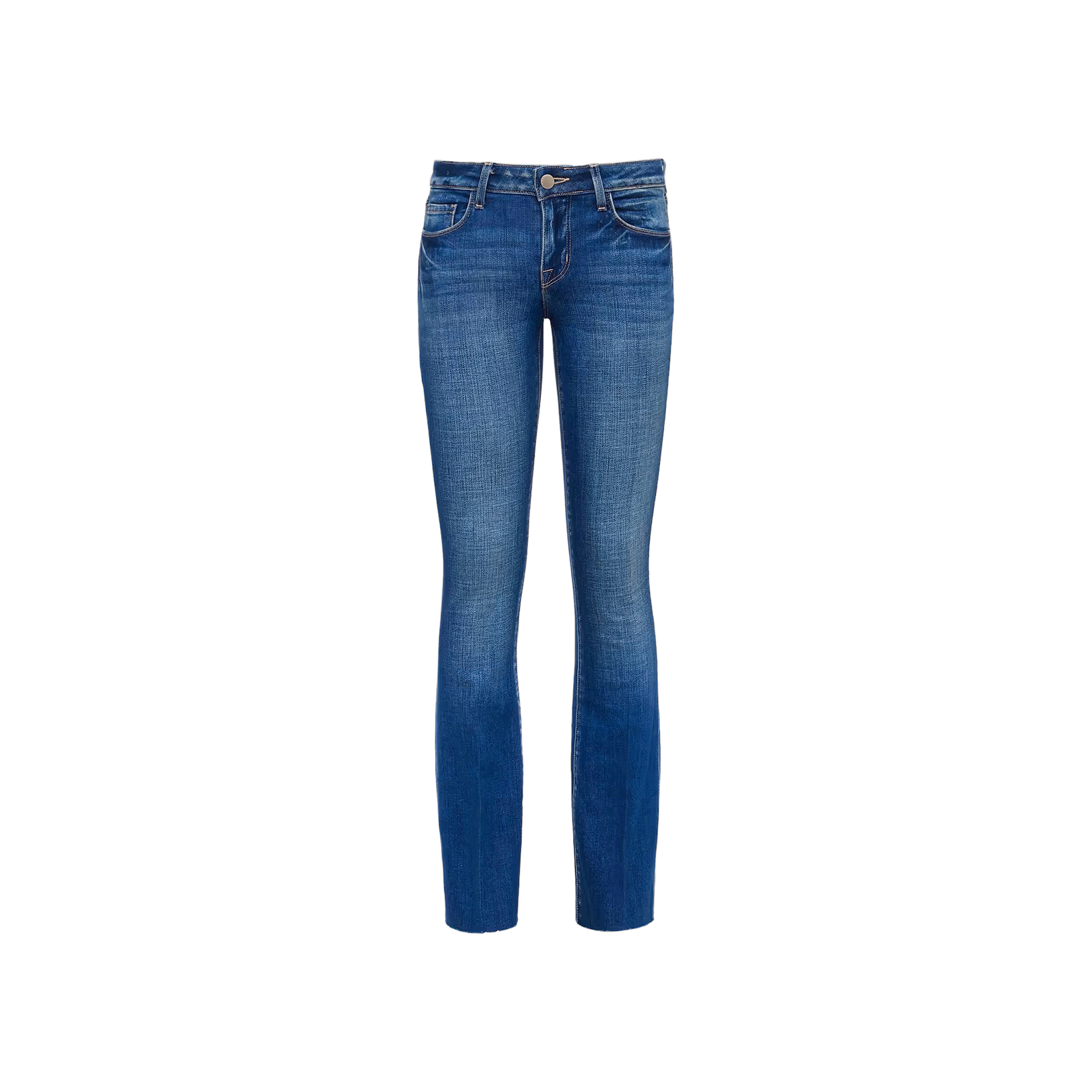 A pair of Sneeki Low-Rise Straight-Leg Jeans crafted from blue stretch denim with a slim fit, light front fading, five pockets, a button closure, and belt loops, displayed on a plain white background.