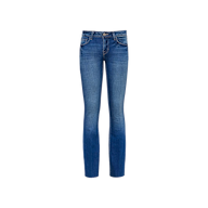 A pair of Sneeki Low-Rise Straight-Leg Jeans crafted from blue stretch denim with a slim fit, light front fading, five pockets, a button closure, and belt loops, displayed on a plain white background.