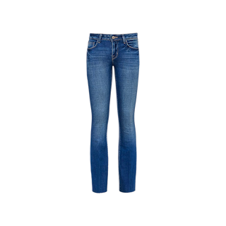 A pair of Sneeki Low-Rise Straight-Leg Jeans in blue, featuring a slim fit, faded detailing on the legs, five-pocket styling, and a button closure, crafted from comfortable stretch denim and displayed against a plain white background.