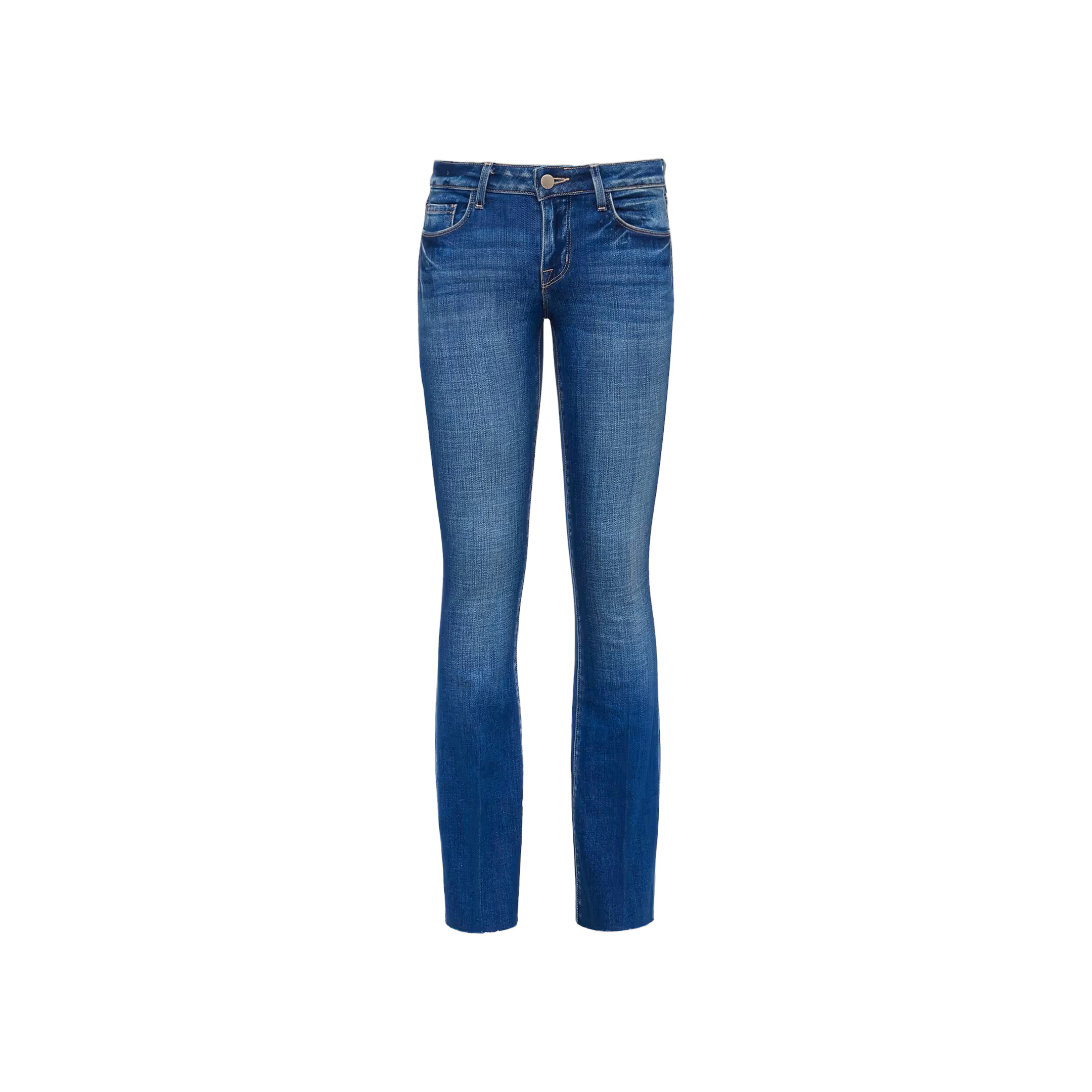 A pair of Sneeki Low-Rise Straight-Leg Jeans crafted from blue stretch denim with a slim fit, light front fading, five pockets, a button closure, and belt loops, displayed on a plain white background.