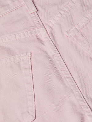 Close-up of Beck Raw-Hem Jean Short in light pink cotton denim, featuring visible stitching and parts of two high-rise pockets with finished seams.