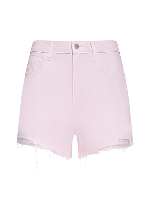 The Beck Raw-Hem Jean Short is a light pink, high-rise style made from 100 cotton denim with a raw hem, distressed accents near the front leg openings, belt loops, front pockets, and a metal button closure. Shown on a white background.