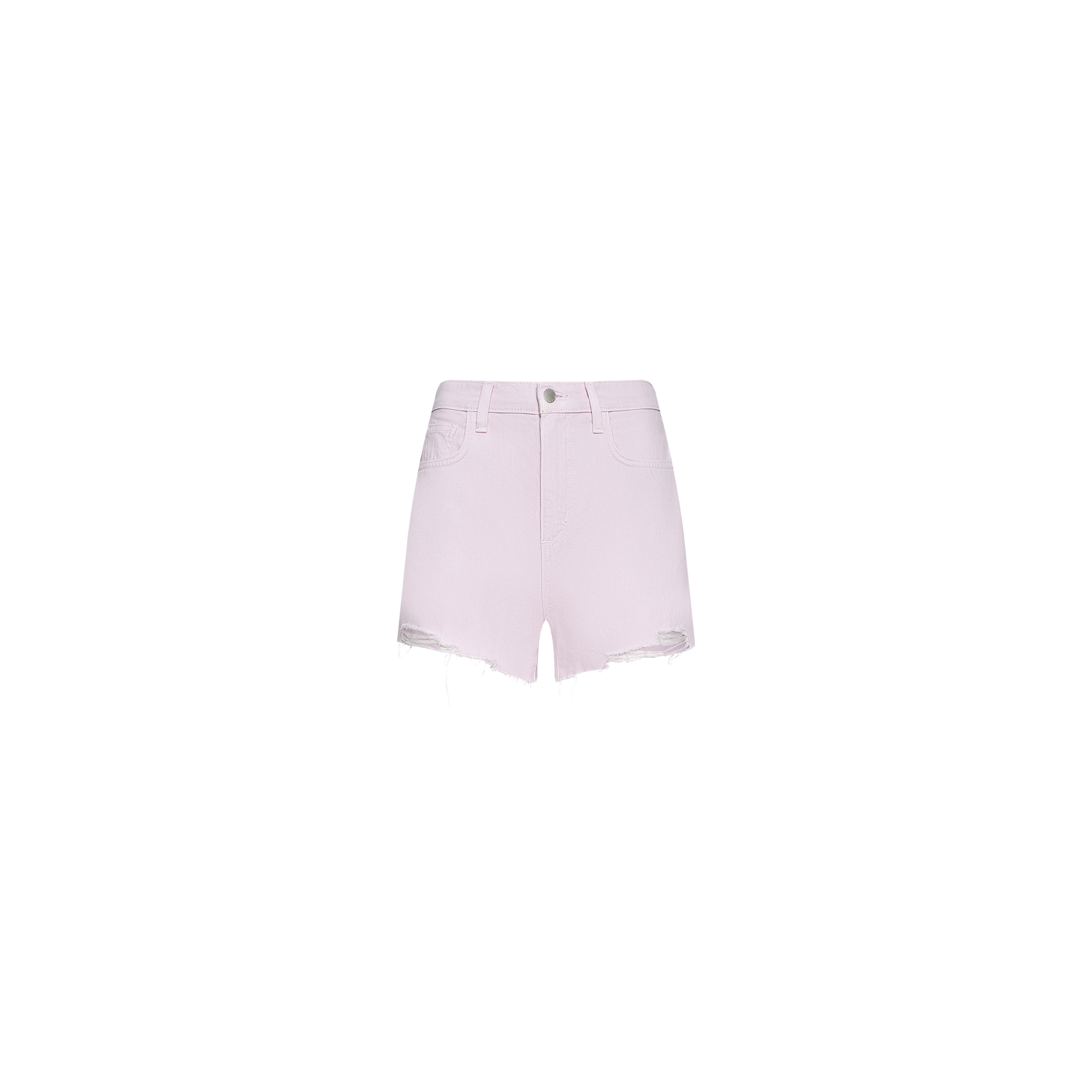 Beck Raw-Hem Jean Short in light pink, crafted from 100 cotton denim with a high-rise fit, features a raw frayed hem, front button and zip closure, and pockets, displayed on a plain white background.