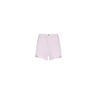Beck Raw-Hem Jean Short in light pink, crafted from 100 cotton denim with a high-rise fit, features a raw frayed hem, front button and zip closure, and pockets, displayed on a plain white background.