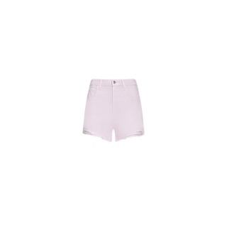 Beck Raw-Hem Jean Short in light pink, crafted from 100 cotton denim with a high-rise fit, features a raw frayed hem, front button and zip closure, and pockets, displayed on a plain white background.