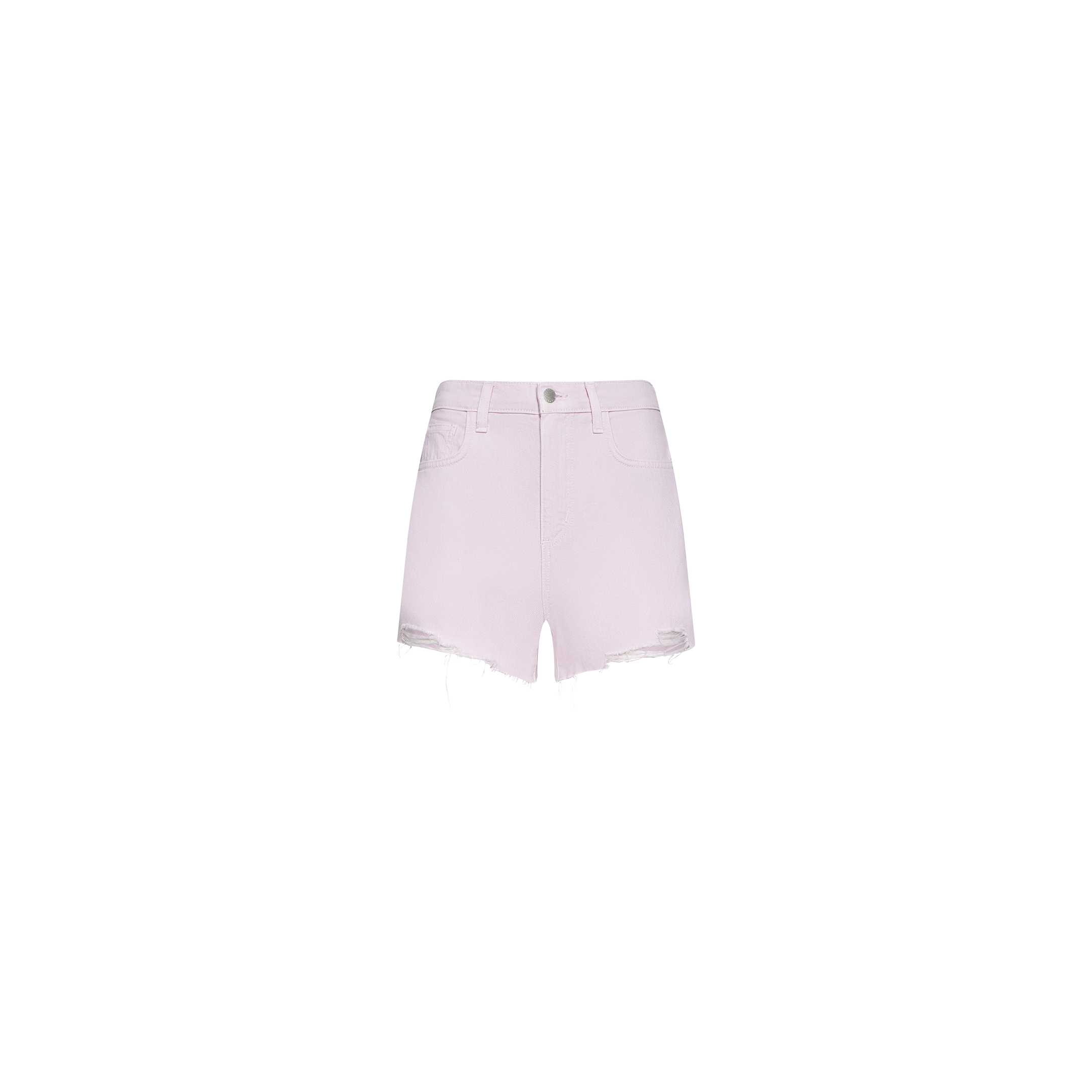 Beck Raw-Hem Jean Short in light pink, crafted from 100 cotton denim with a high-rise fit, features a raw frayed hem, front button and zip closure, and pockets, displayed on a plain white background.