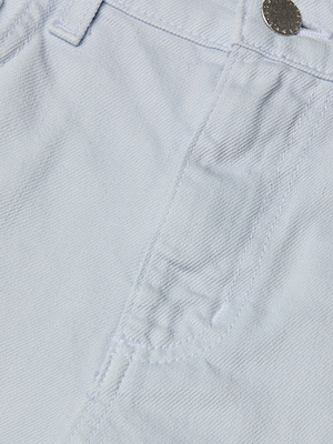 Close-up of the Beck Raw-Hem Jean Short in pastel blue denim, highlighting the front pocket, belt loop, metallic button at the waistband, and visible fabric texture with stitching details.