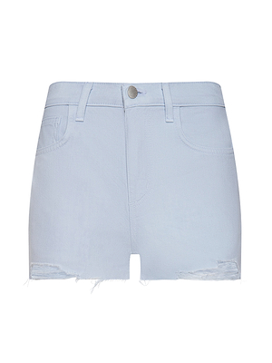 The Beck Raw-Hem Jean Short is a pastel blue, high-rise denim short with a button closure, front pockets, belt loops, and a raw hem featuring subtle distressed details near the bottom edges.