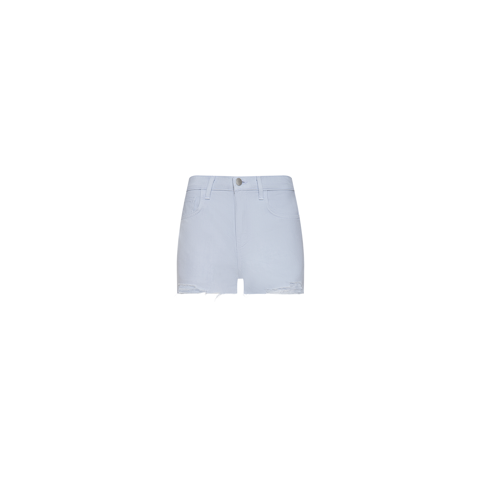 The Beck Raw-Hem Jean Short is a pair of light blue, high-waisted denim shorts crafted from 100 cotton denim. Designed with a flattering high-rise fit, these shorts feature a frayed raw hem, front button and zipper closure, and convenient front and back pockets. The shorts are showcased against a plain white background.