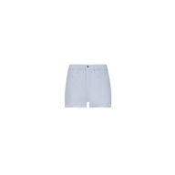 The Beck Raw-Hem Jean Short is a pair of light blue, high-waisted denim shorts crafted from 100 cotton denim. Designed with a flattering high-rise fit, these shorts feature a frayed raw hem, front button and zipper closure, and convenient front and back pockets. The shorts are showcased against a plain white background.