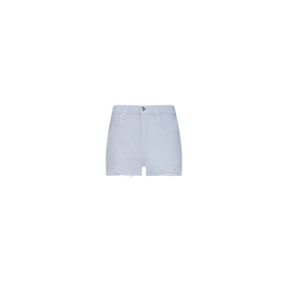 The Beck Raw-Hem Jean Short is a pair of light blue, high-waisted denim shorts crafted from 100 cotton denim. Designed with a flattering high-rise fit, these shorts feature a frayed raw hem, front button and zipper closure, and convenient front and back pockets. The shorts are showcased against a plain white background.