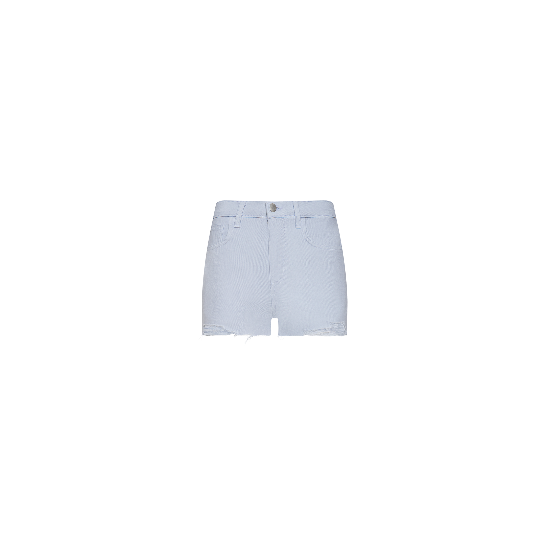 The Beck Raw-Hem Jean Short is a pair of light blue, high-waisted denim shorts crafted from 100 cotton denim. Designed with a flattering high-rise fit, these shorts feature a frayed raw hem, front button and zipper closure, and convenient front and back pockets. The shorts are showcased against a plain white background.