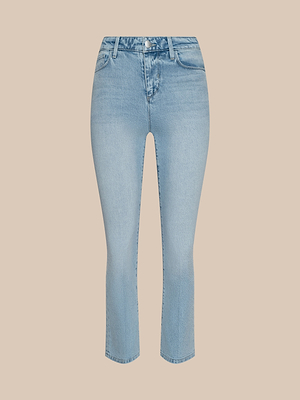 The Tati Cropped Micro Boot Jean in light blue, high-waisted, ankle-length light wash denim features a button and zip closure, front and back pockets, displayed on a plain beige background.
