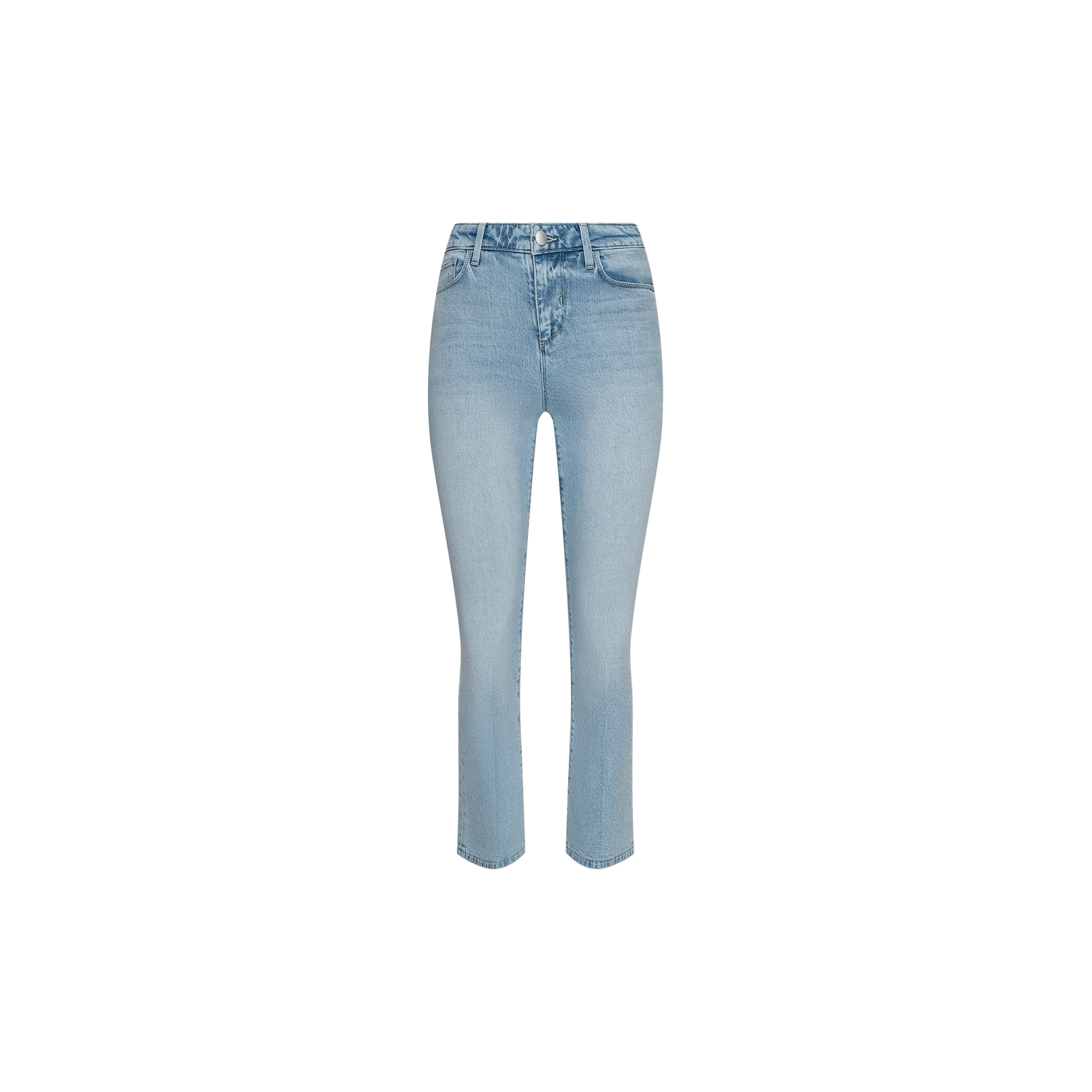 Tati Cropped Micro Boot Jean in a light blue, high-waisted light wash with button and zipper closure, featuring front and back pockets, displayed on a plain white background.