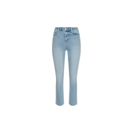 Tati Cropped Micro Boot Jean in a light blue, high-waisted light wash with button and zipper closure, featuring front and back pockets, displayed on a plain white background.