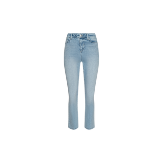Tati Cropped Micro Boot Jean in a light blue, high-waisted light wash with button and zipper closure, featuring front and back pockets, displayed on a plain white background.
