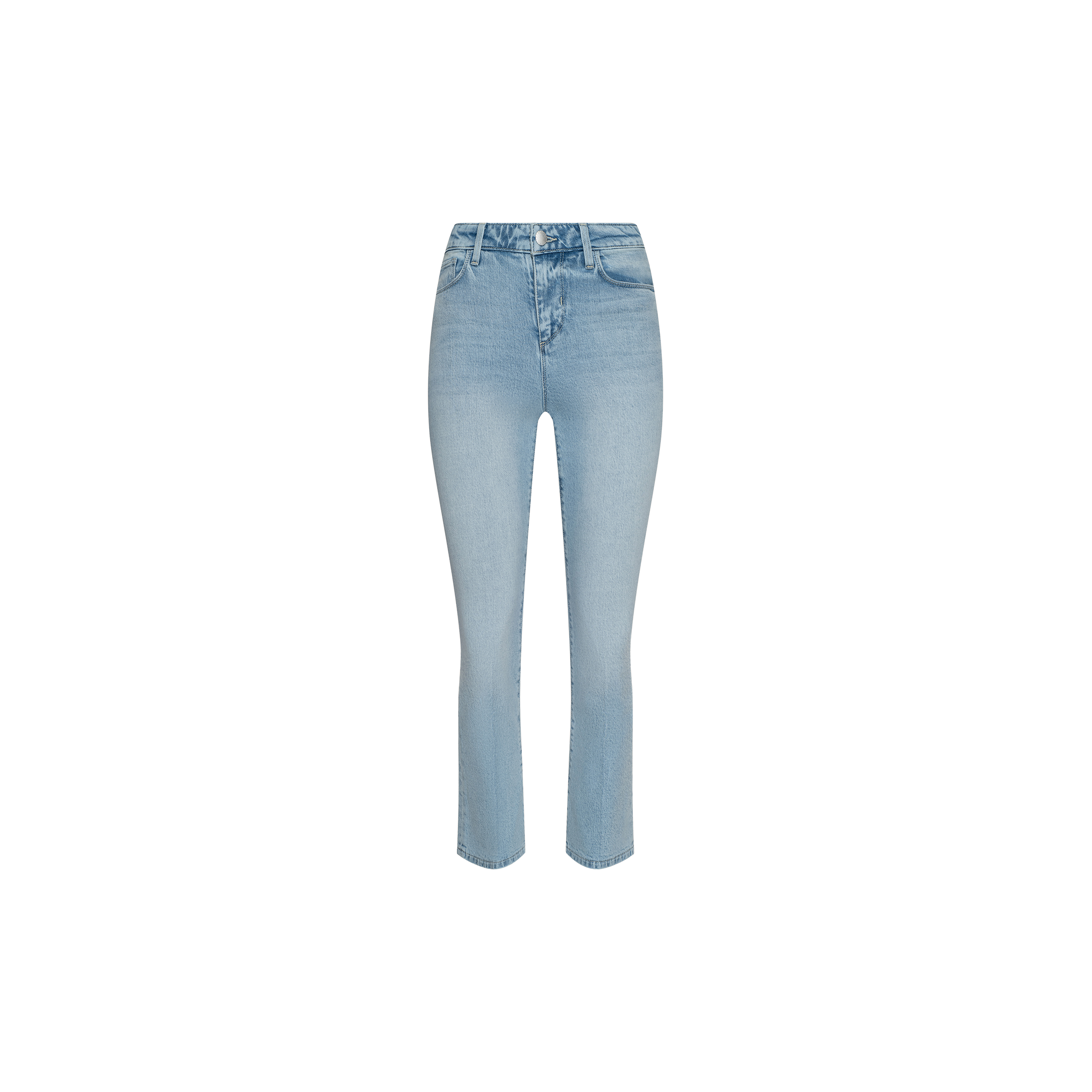 Tati Cropped Micro Boot Jean in a light blue, high-waisted light wash with button and zipper closure, featuring front and back pockets, displayed on a plain white background.