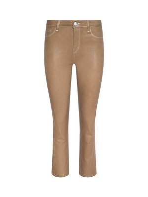 The Tati Coated Bootcut Jean is a tan, high-waisted pant in leather-look stretch denim with white stitching, belt loops, front zip and button closure, shown against a plain white background.