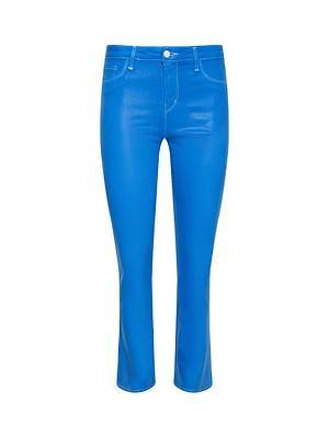 The Tati Coated Bootcut Jean features a bright blue hue, high waist, visible seams, and button closure at the waistband, crafted from coated denim and shown against a white background.