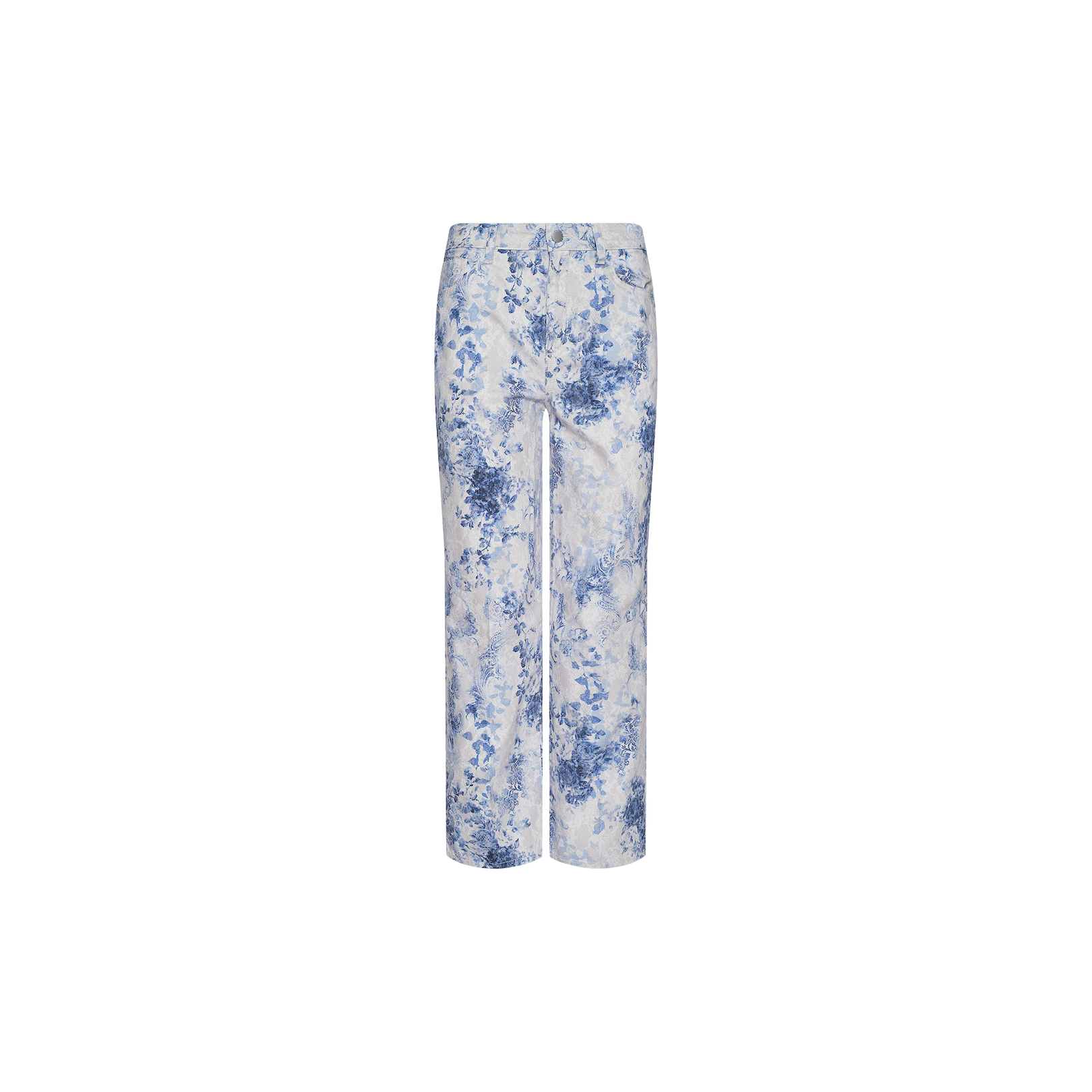 June Cropped Stovepipe Jean featuring a high-rise straight leg silhouette with a white base and blue floral pattern, displayed against a plain white background.