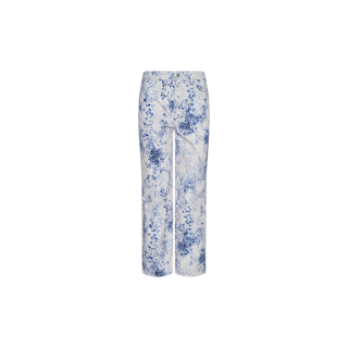 June Cropped Stovepipe Jean featuring a high-rise straight leg silhouette with a white base and blue floral pattern, displayed against a plain white background.