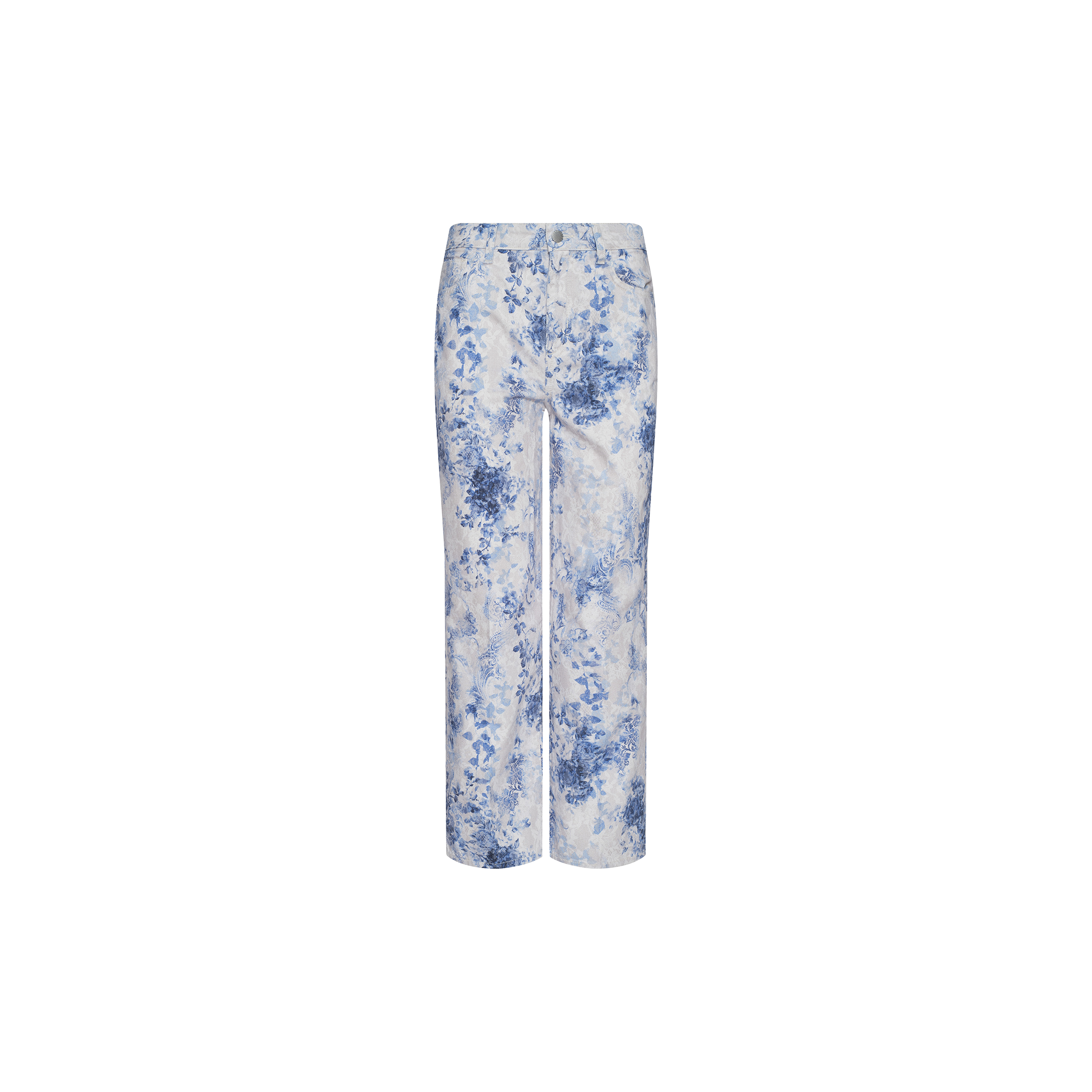 June Cropped Stovepipe Jean featuring a high-rise straight leg silhouette with a white base and blue floral pattern, displayed against a plain white background.