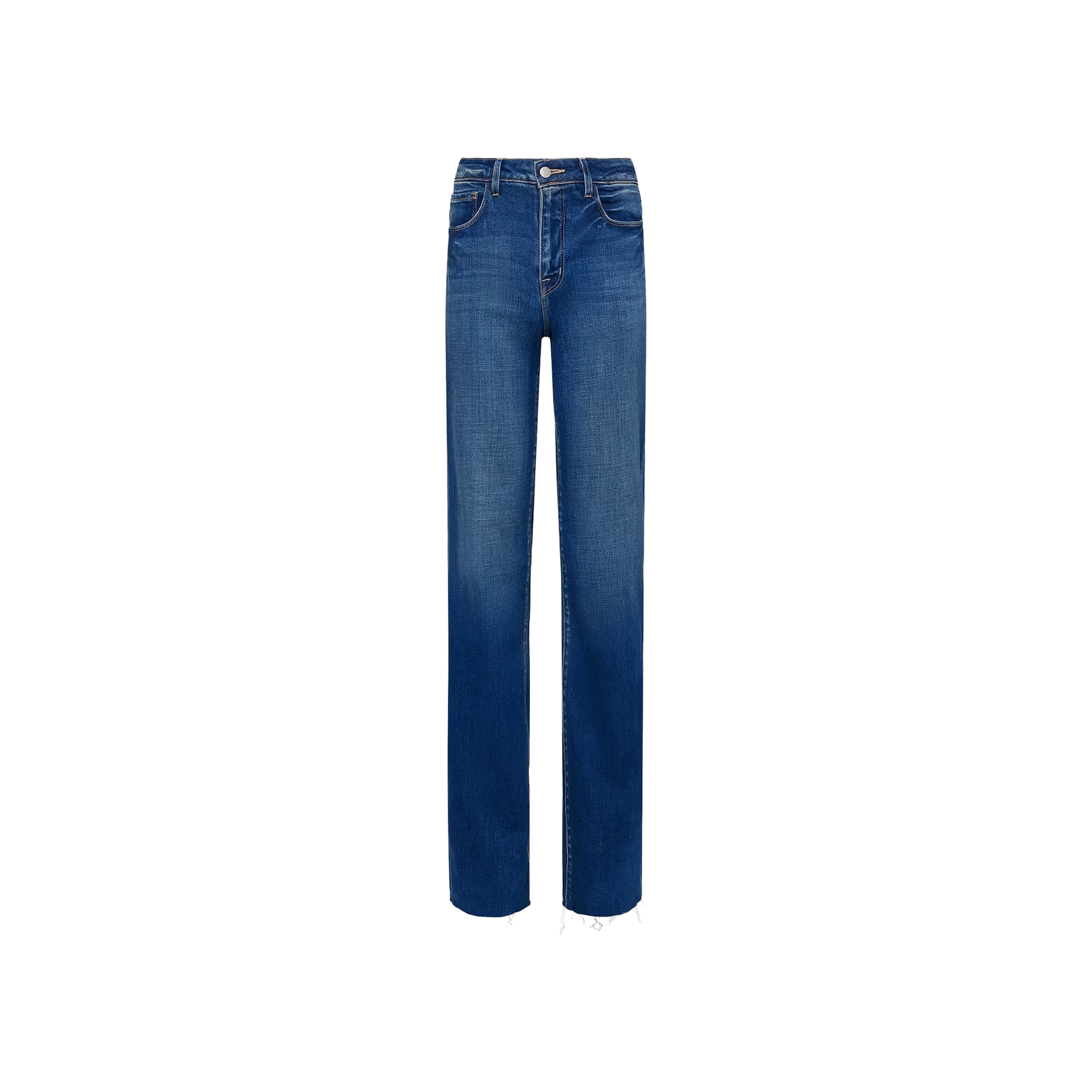 A pair of Scottie Wide-Leg Jeans crafted from vintage-wash blue denim, featuring a classic five-pocket design, slight fading, and a raw, unfinished hem.