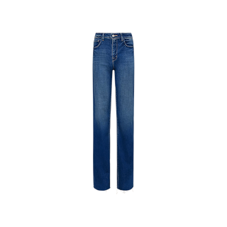 A pair of Scottie Wide-Leg Jeans crafted from vintage-wash blue denim, featuring a classic five-pocket design, slight fading, and a raw, unfinished hem.