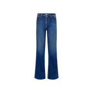 The Scottie Wide-Leg Jean features a blue vintage-wash denim with a high-rise fit, slight flare at the hem, front pockets, and button closure, shown against a plain white background.