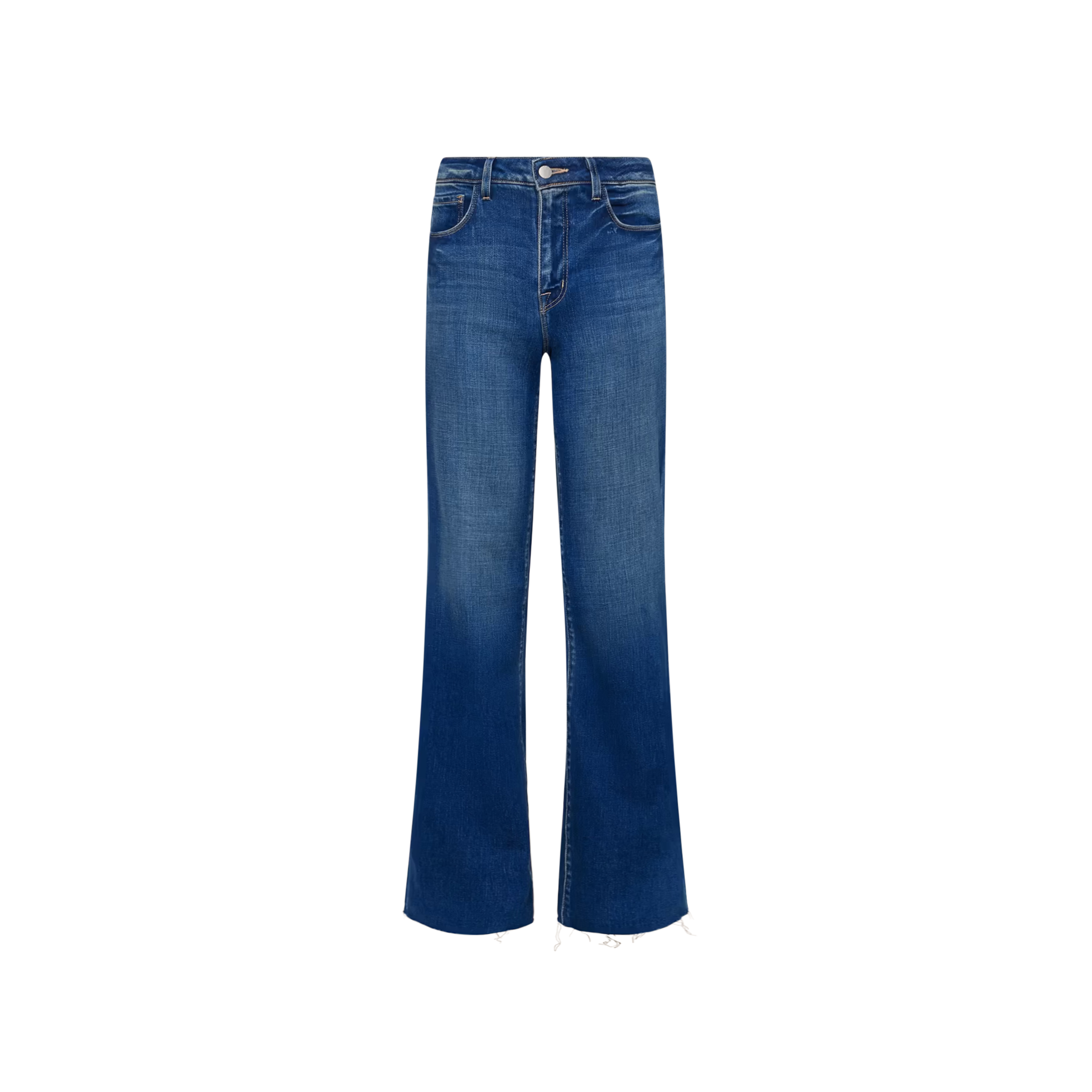 The Scottie Wide-Leg Jean features a blue vintage-wash denim with a high-rise fit, slight flare at the hem, front pockets, and button closure, shown against a plain white background.
