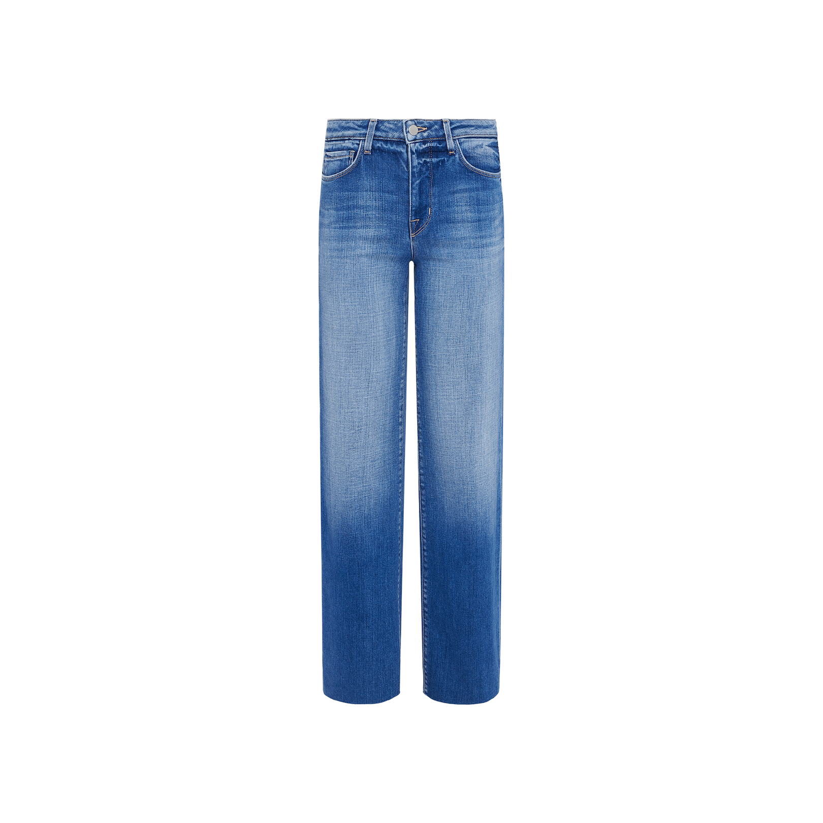 Scottie Wide-Leg Jean in blue, featuring a high-rise waistband and faded wash, displayed on a plain white background.