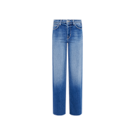 The Scottie Wide-Leg Jean features a high-rise fit, wide-leg silhouette, a blue faded wash effect, and raw hem, displayed against a plain white background.