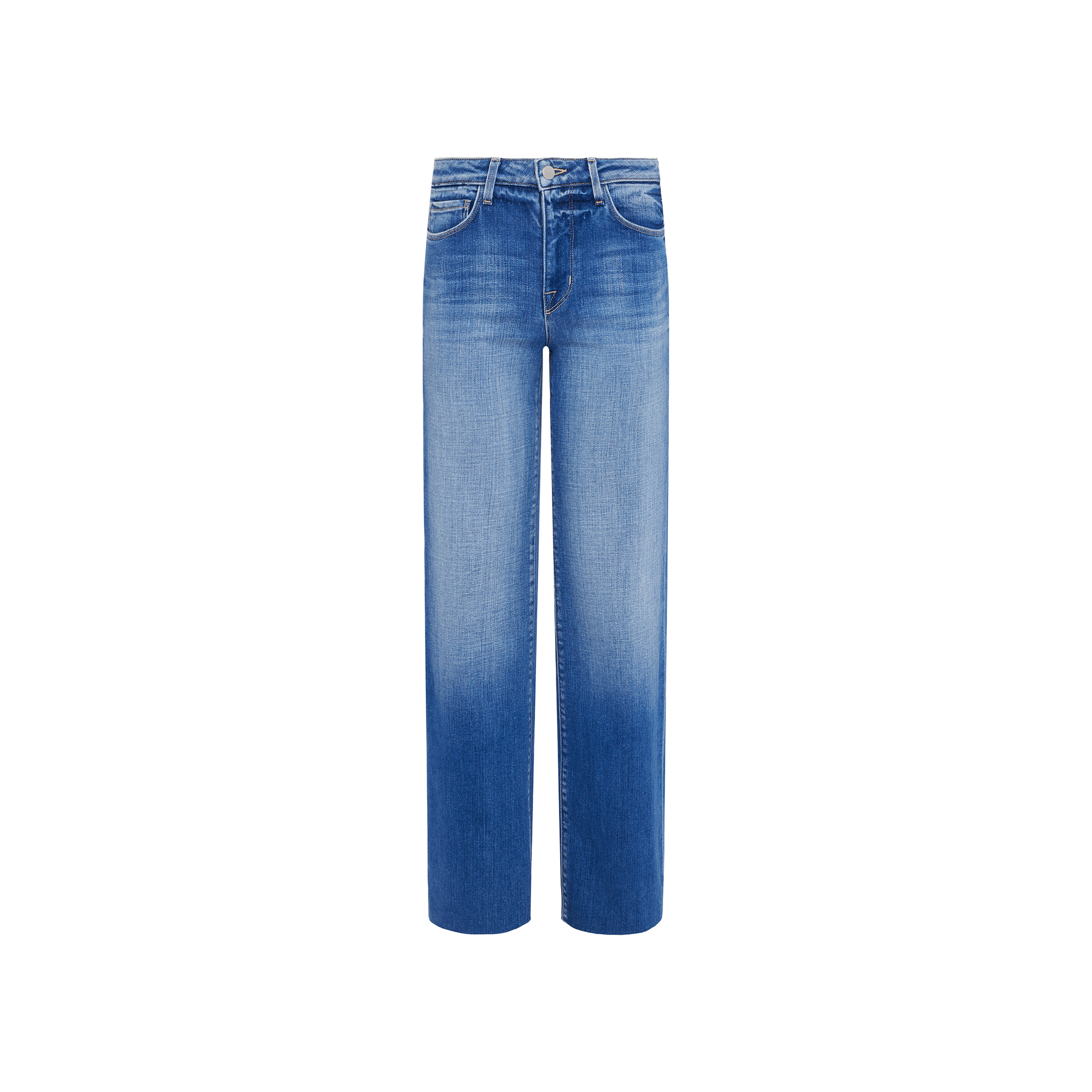 The Scottie Wide-Leg Jean features a high-rise fit, wide-leg silhouette, a blue faded wash effect, and raw hem, displayed against a plain white background.