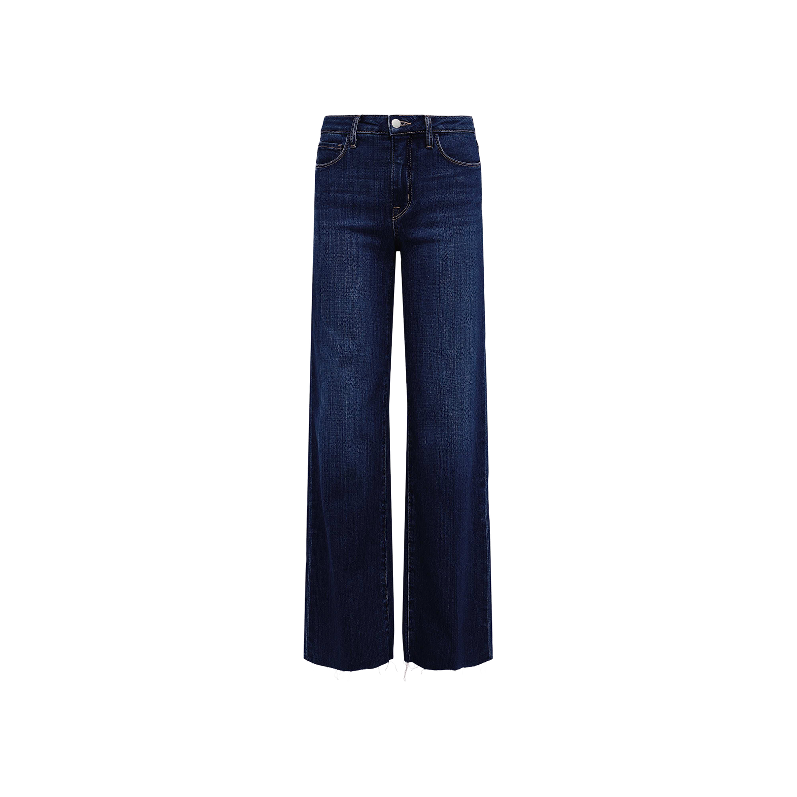 The Scottie Wide-Leg Jean is a pair of dark blue, high-waisted jeans crafted from premium stretch denim with a wide-leg silhouette. They feature a button and zipper closure, front and back pockets, and are displayed on a plain white background.