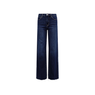 The Scottie Wide-Leg Jean features a high-rise waist and wide-leg silhouette, crafted from premium stretch denim in a deep blue wash with a button closure, and is displayed against a plain white background.