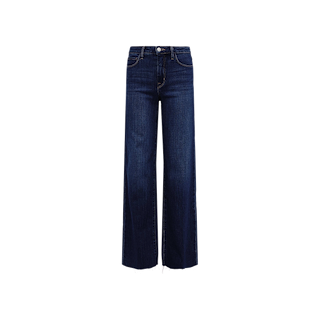 The Scottie Wide-Leg Jean is a pair of dark blue, high-waisted jeans crafted from premium stretch denim with a wide-leg silhouette. They feature a button and zipper closure, front and back pockets, and are displayed on a plain white background.