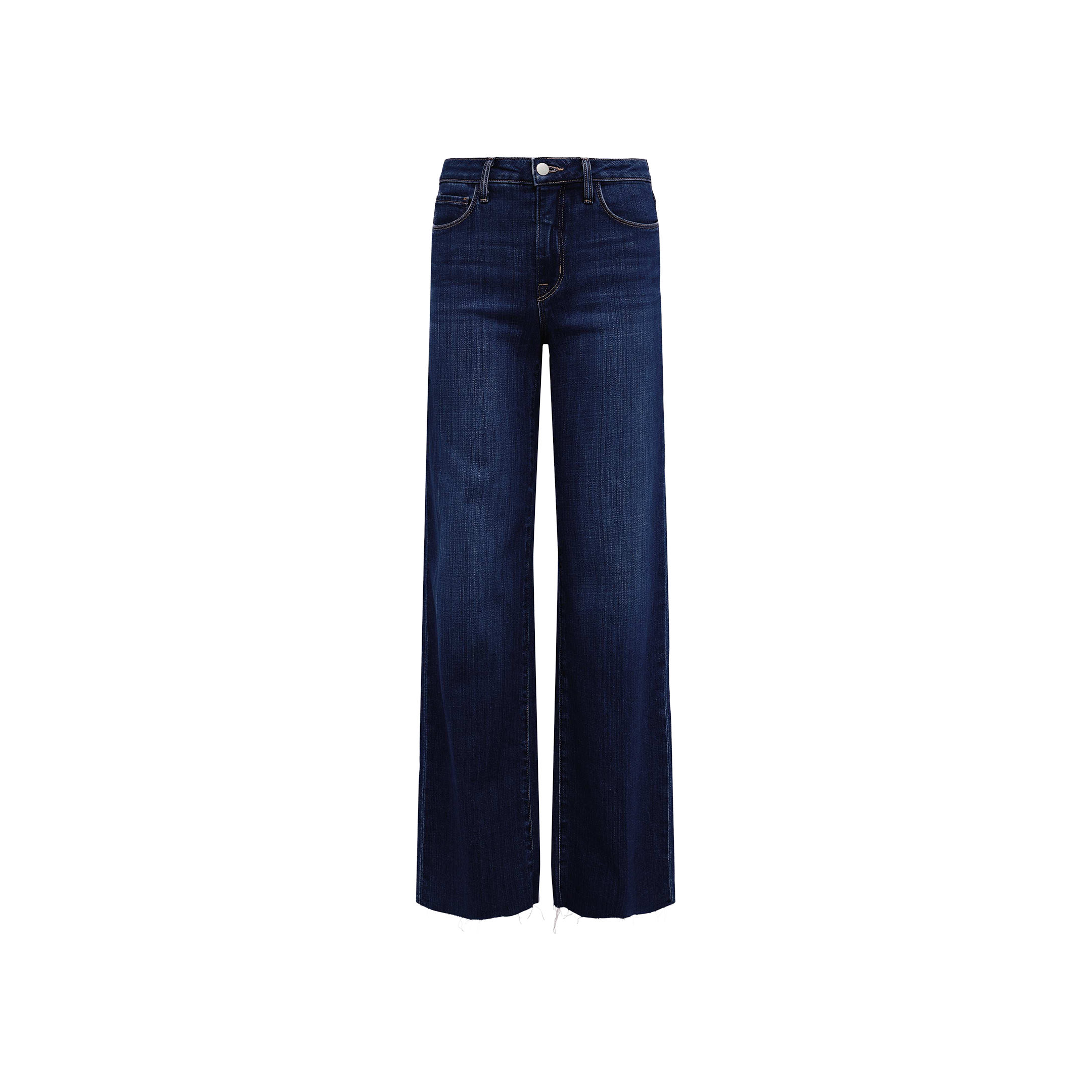 The Scottie Wide-Leg Jean features a high-rise waist and wide-leg silhouette, crafted from premium stretch denim in a deep blue wash with a button closure, and is displayed against a plain white background.