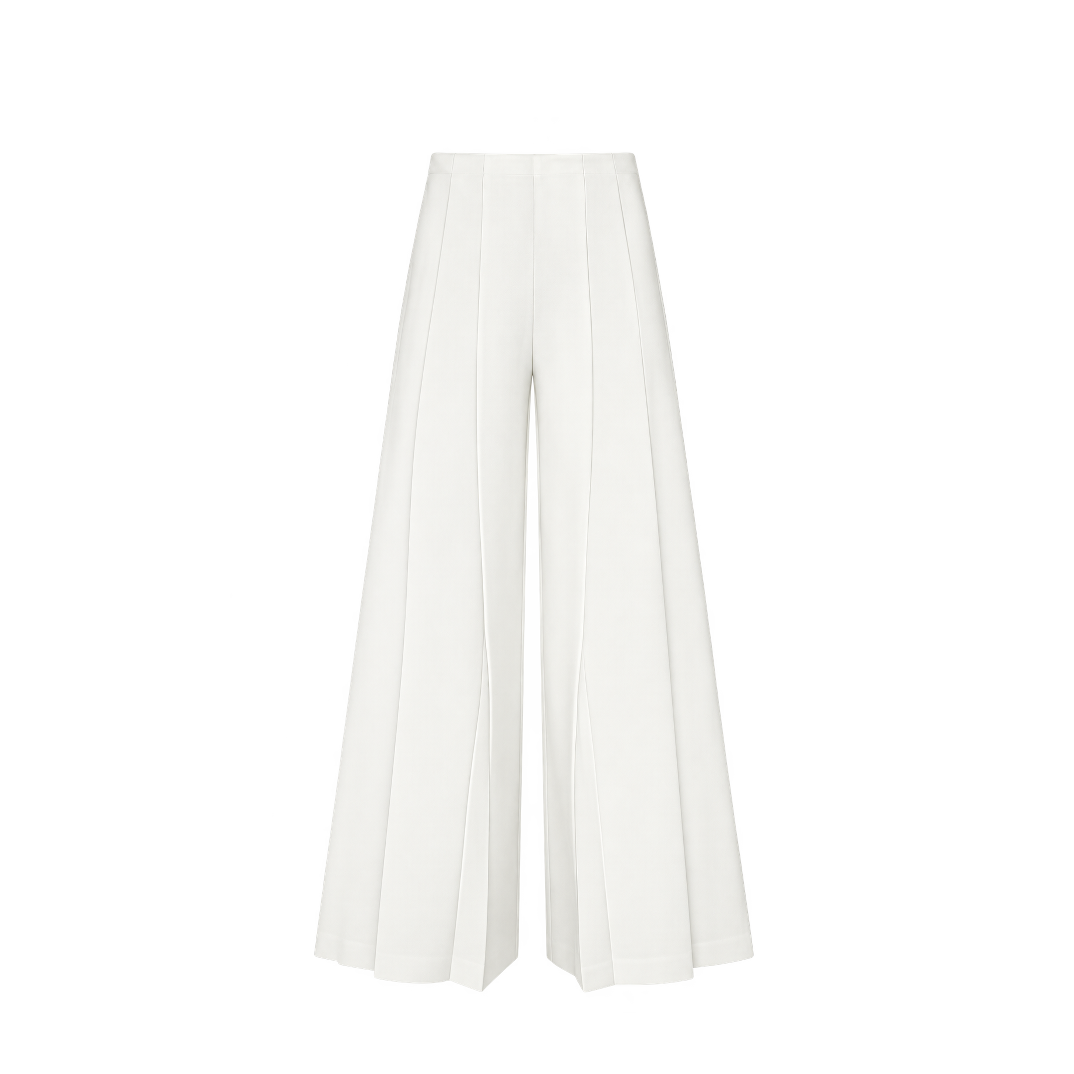 Nova Pleated Wide-Leg Pant in ivory, featuring a high-rise waist, statement vertical seams, and a flared wide-leg silhouette, showcased against a plain white background.