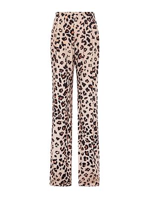 The Nova Pleated Wide-Leg Pant showcases a high-rise silhouette with an all-over leopard print in beige, black, and brown tones on a white background.