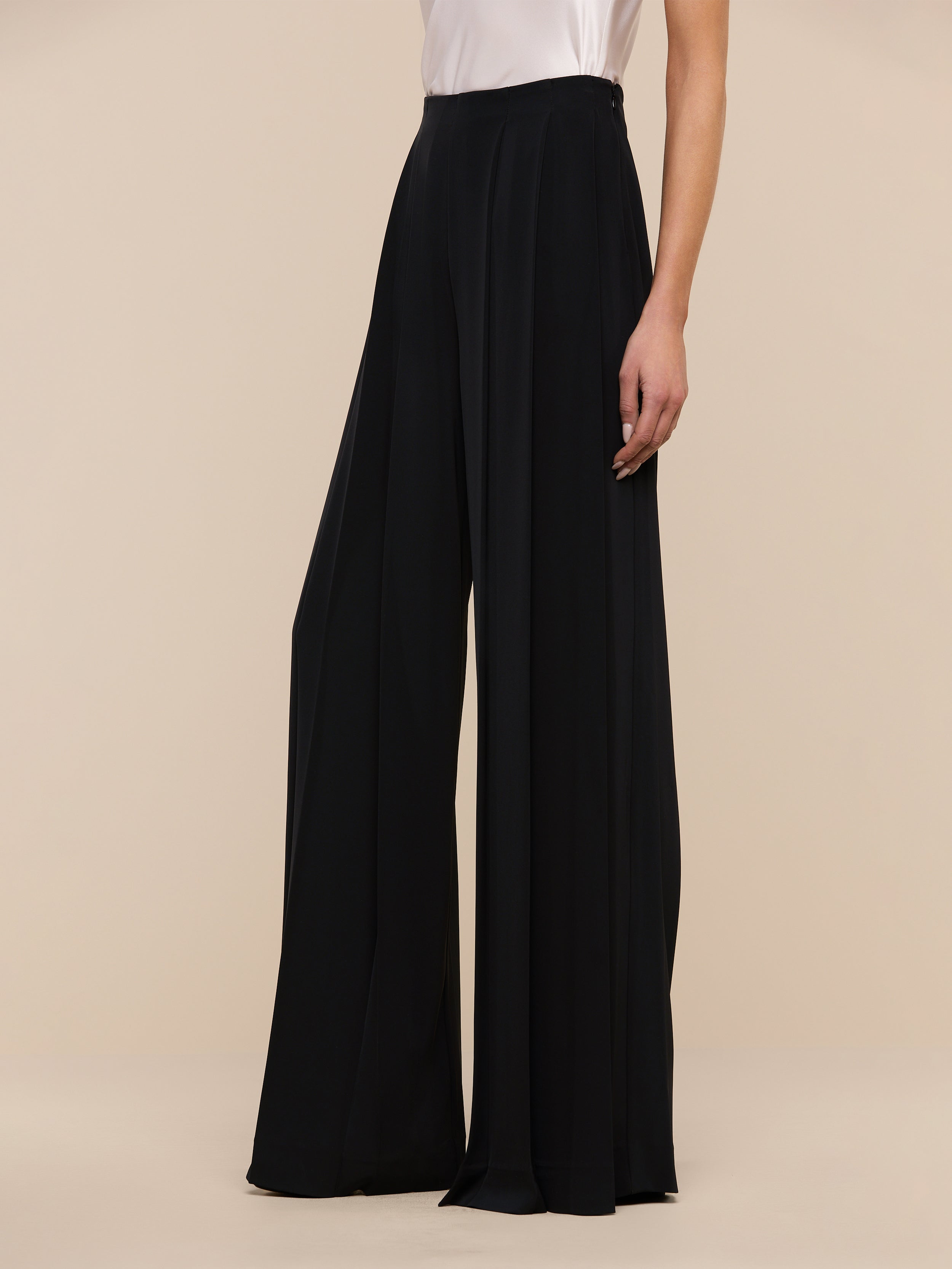 A person wearing the Nova Pleated Wide-Leg Pant in black and a sleeveless light top, standing against a plain white background.