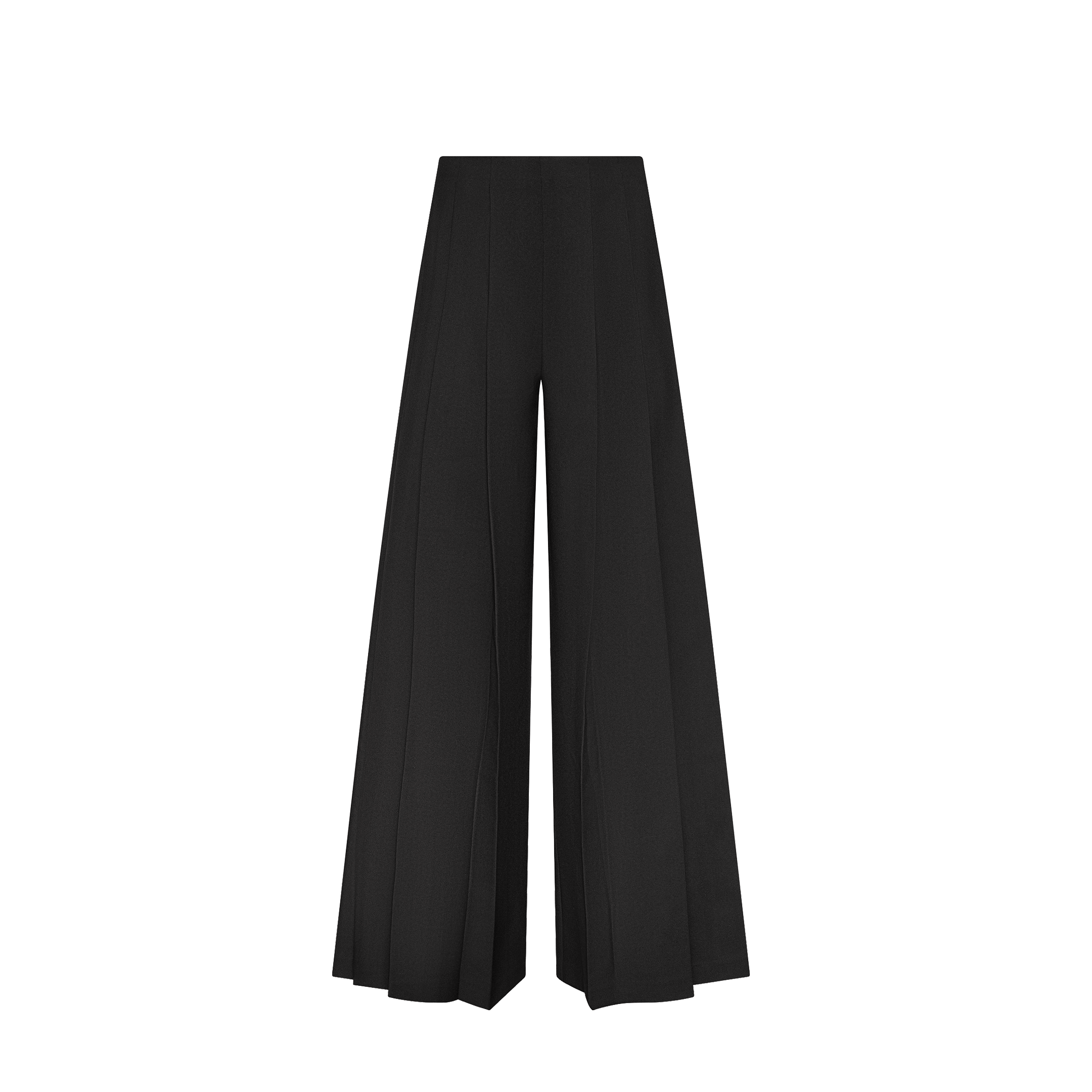 The Nova Pleated Wide-Leg Pant features a tailored high-waisted design in black with crisp pleats and a wide-leg silhouette, showcased against a plain white background.