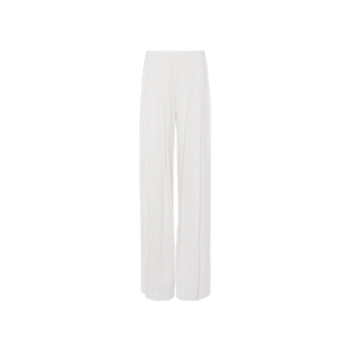 The Nova Pleated Wide-Leg Pant features a high rise and a long, flowing silhouette in elegant ivory, offering a modern take on the classic wide-leg trouser. Displayed on a plain white background, these pants showcase timeless style with contemporary appeal.