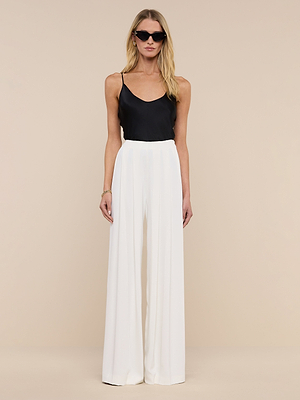 A woman stands against a beige background wearing the Nova Pleated Wide-Leg Pant in fluid suiting fabric, paired with a black sleeveless top, sunglasses, a bracelet, and her hair down.